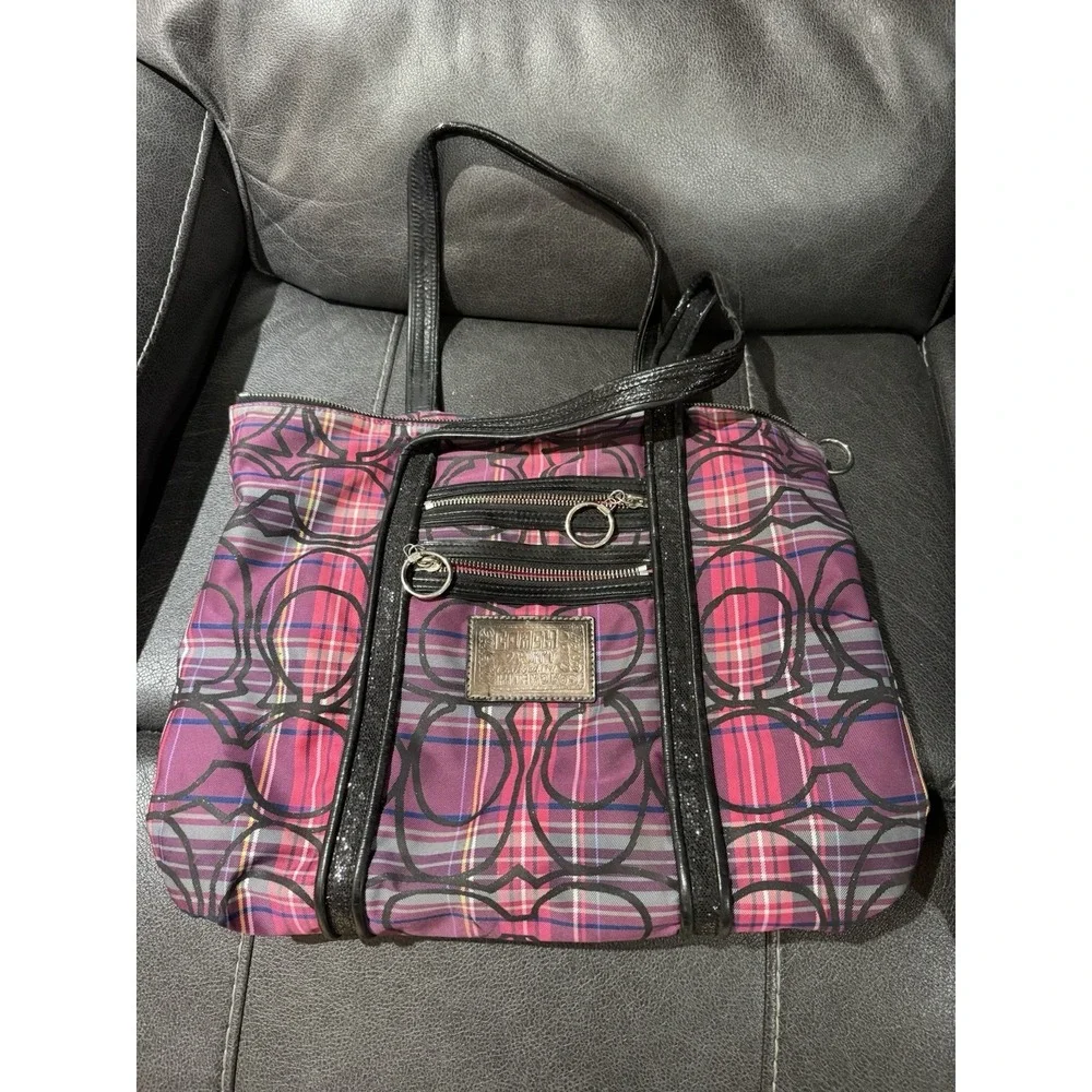 Coach Poppy Plaid Tote Pink Purple Black Zip Silver Hardware Pockets USED!!